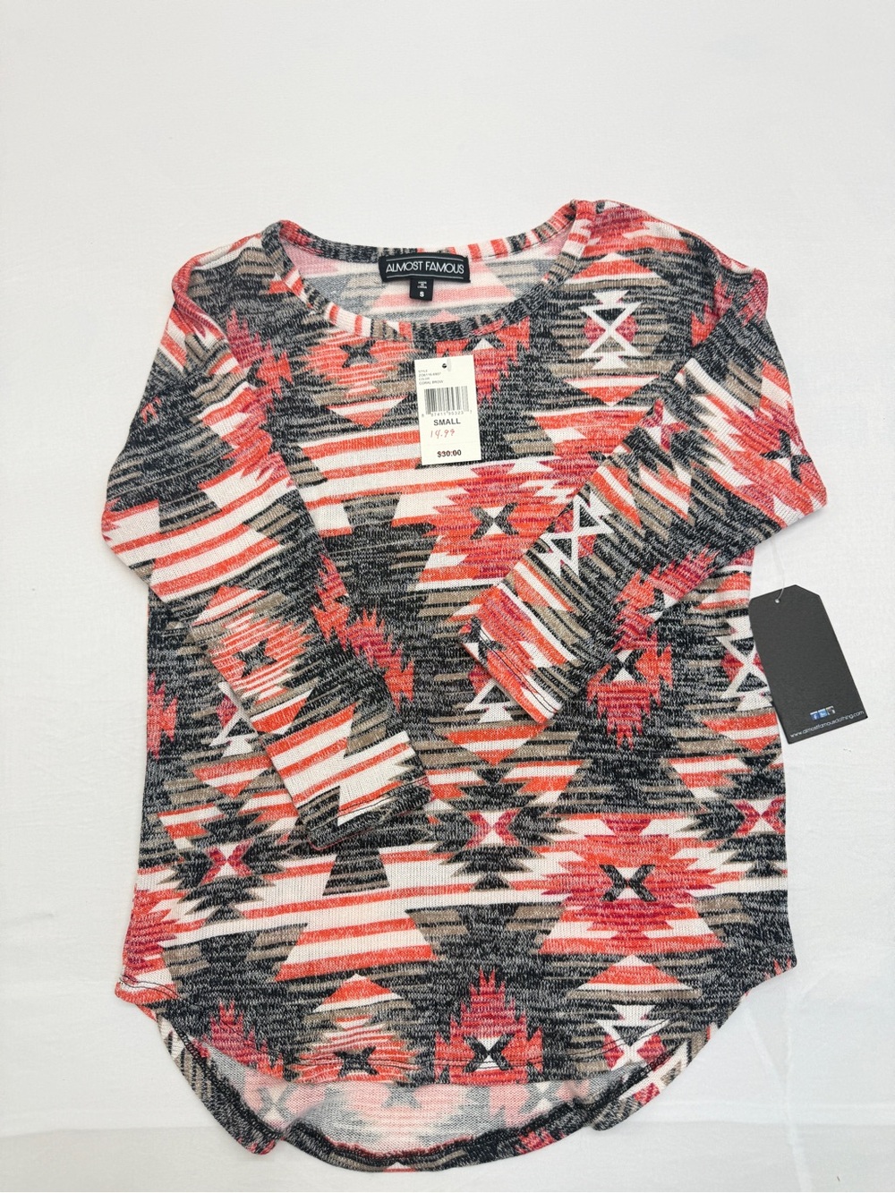 Almost Famous Coral and Black Aztec-Pattern Long Sleeve Top